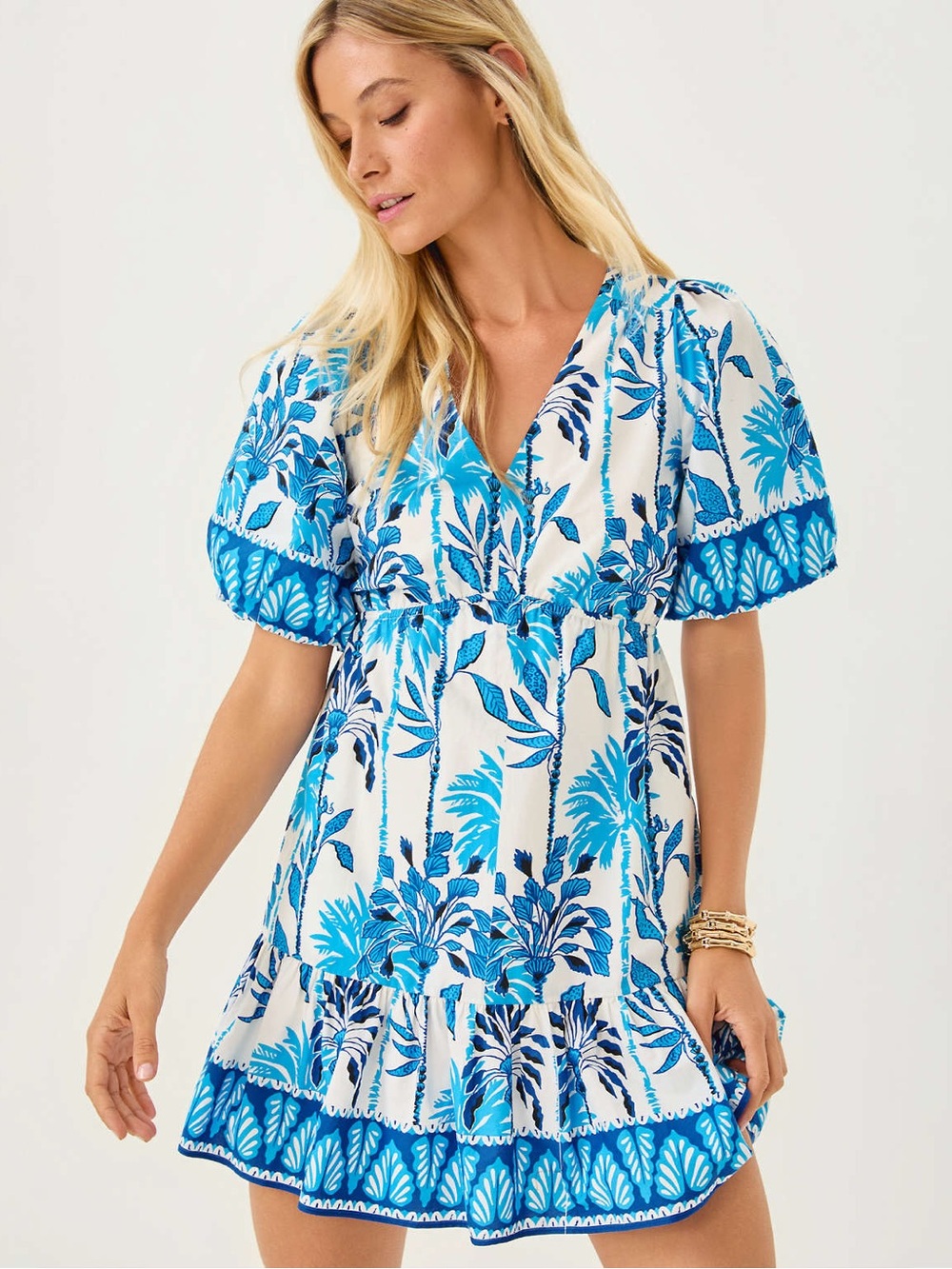 Lilly Pulitzer White and Blue Tropical Puff-Sleeve Mini Dress